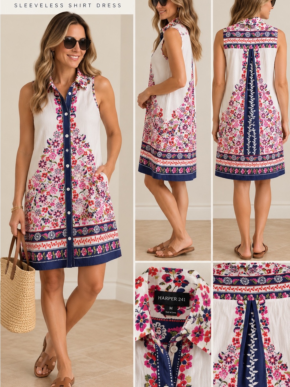 Harper White Sleeveless Floral Button-Front Dress with Pink, Red & Navy Accents